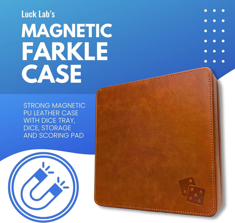 Luck Lab Farkle Dice Tray and Storage Case - Includes Embedded Scoring Combinations, 2 Sets of 6 Pearl Dice, 40 Sheet Score Pad and Pen Holder for The Classic Family Game (Brown) - Image 2